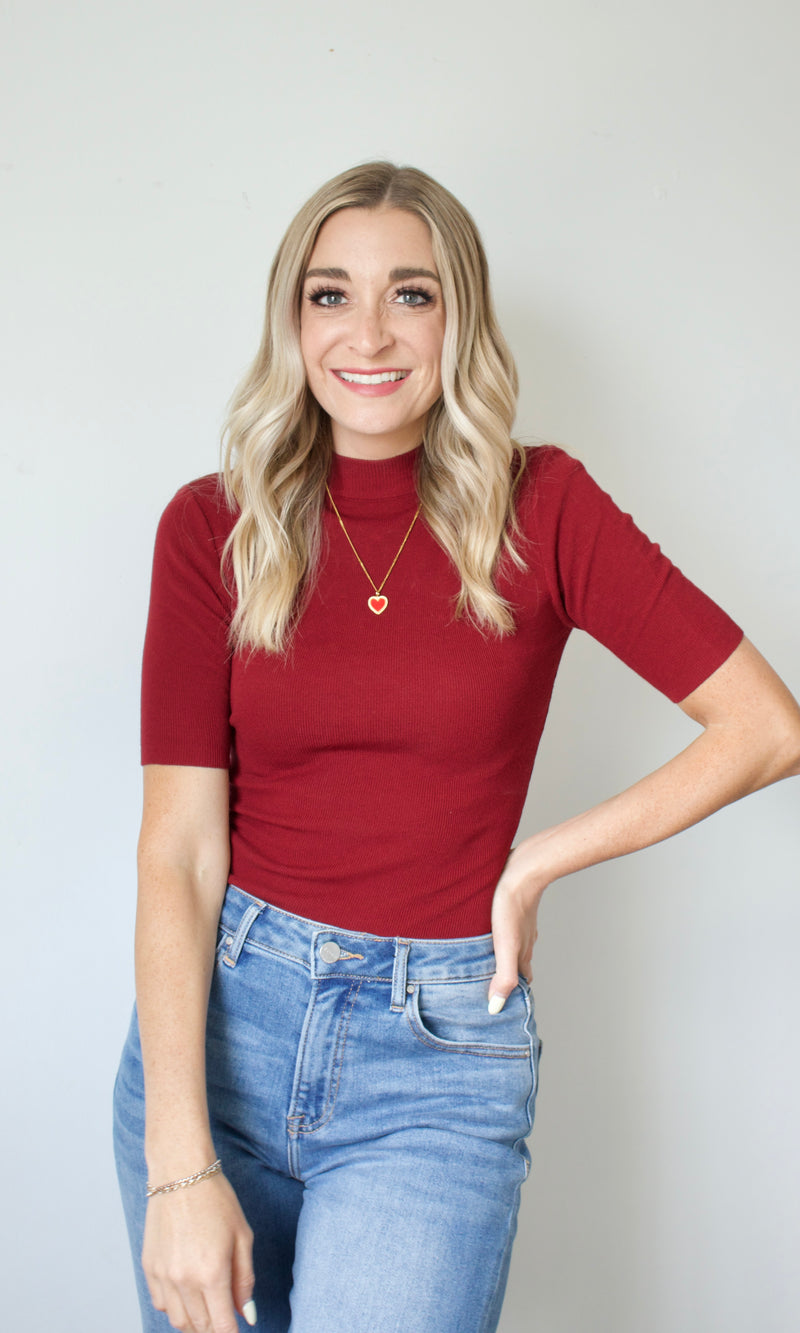 oxblood mock neck knit top