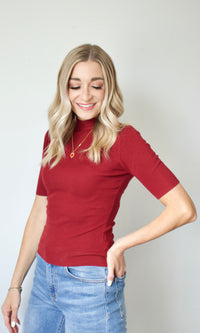 oxblood mock neck knit top