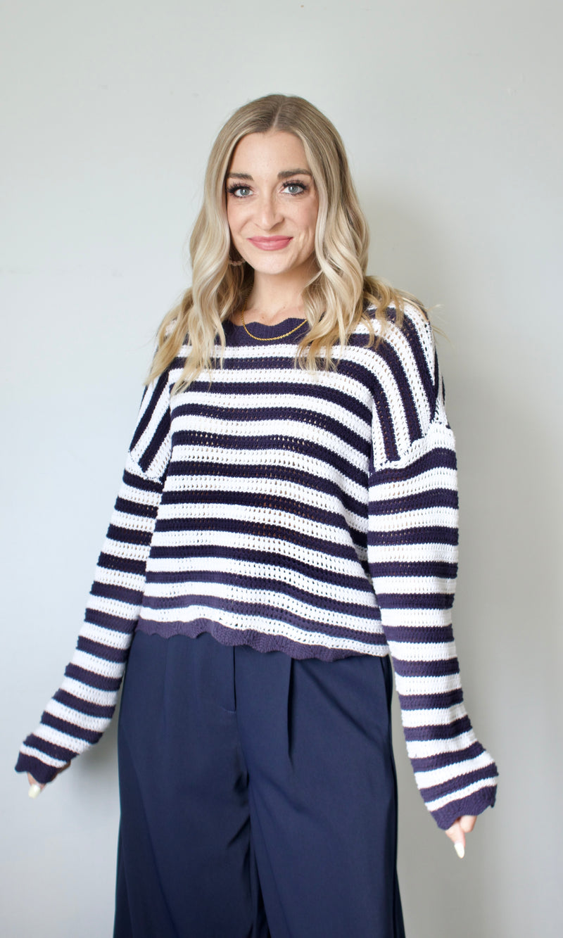 stripe scallop trim sweater