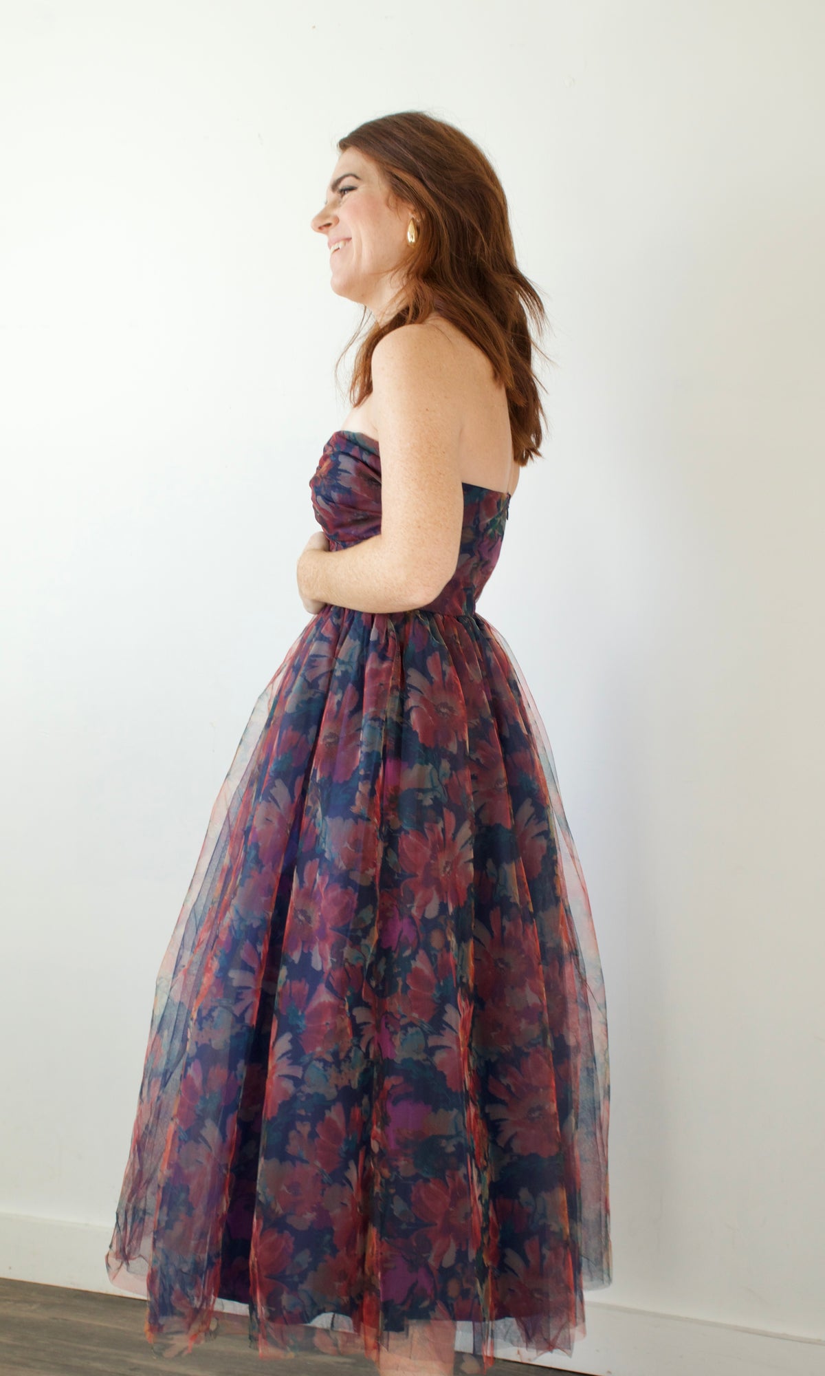 navy printed organza midi dress