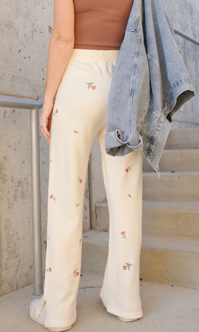 embroidered floral knit pants