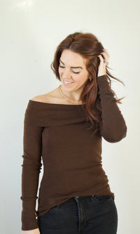 off shoulder fold over sweater top