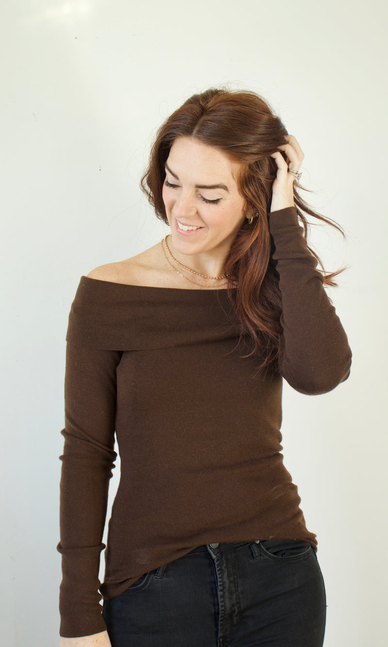 off shoulder fold over sweater top