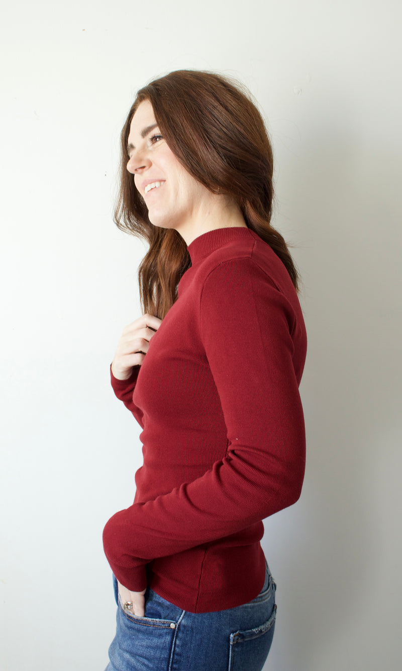 oxblood mock neck knit sweater