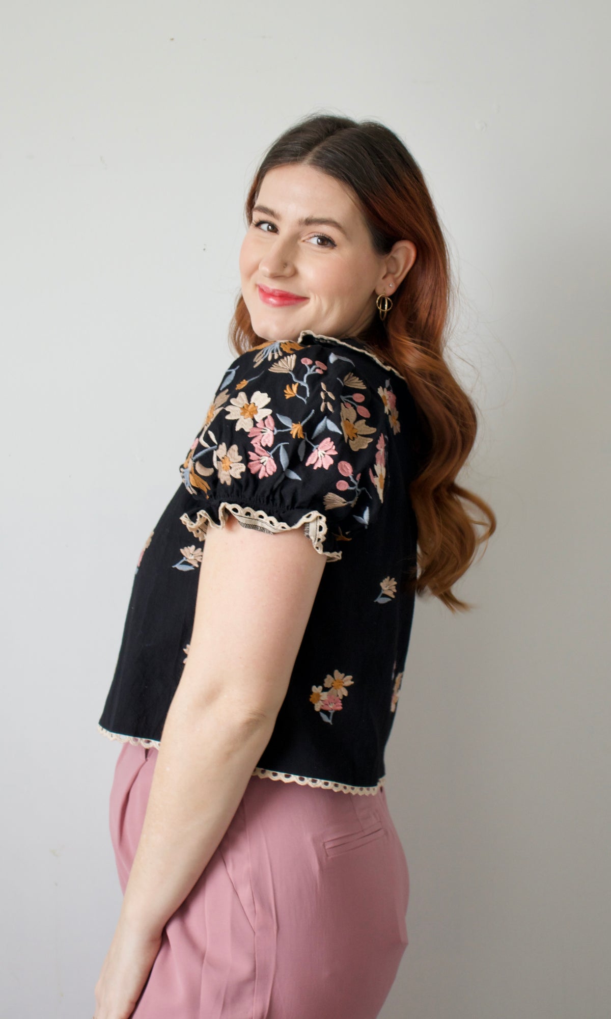 black floral embroidered top