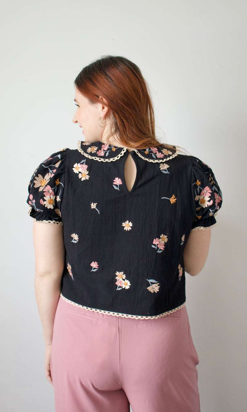 black floral embroidered top