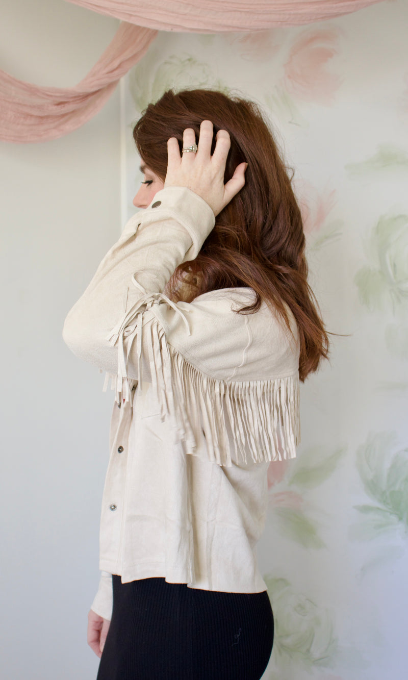 antique white fringed suede shirt jacket