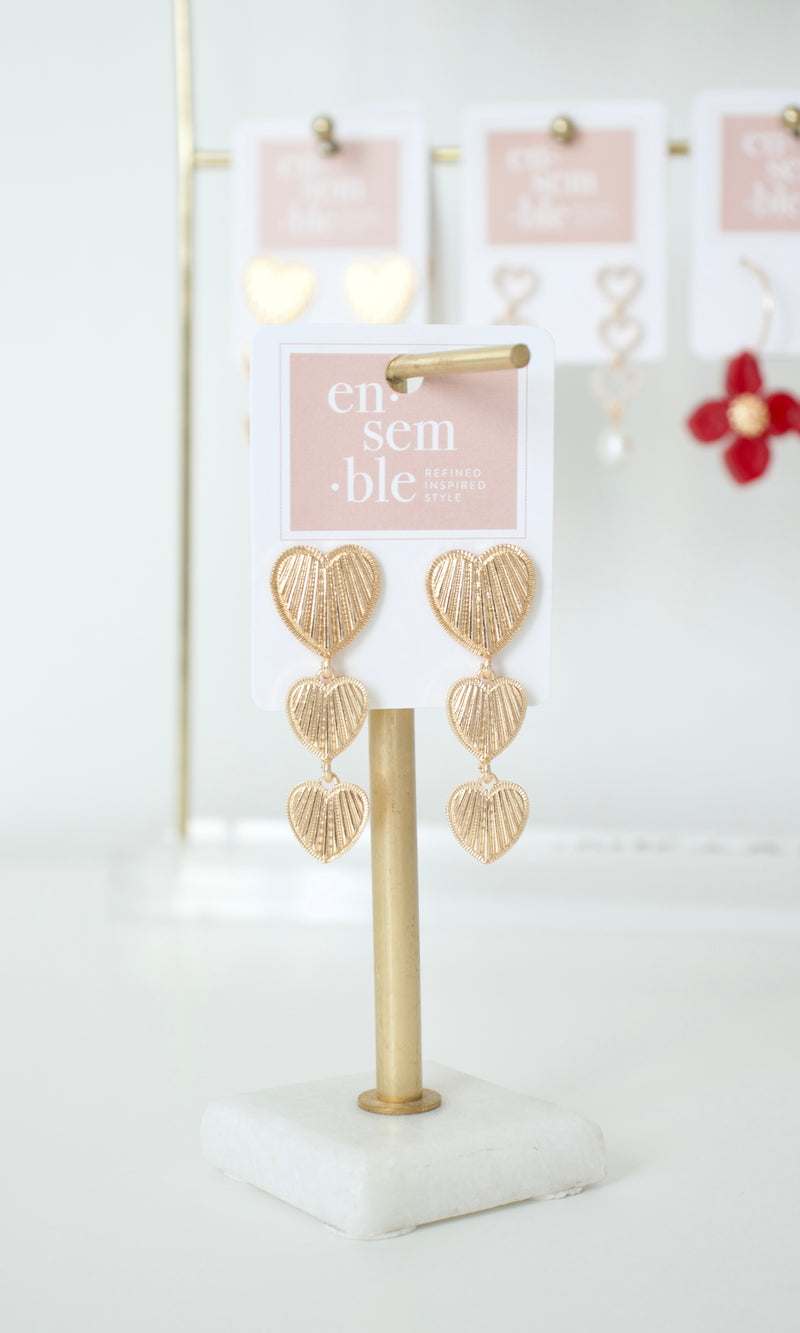 three heart drop etched post earrings