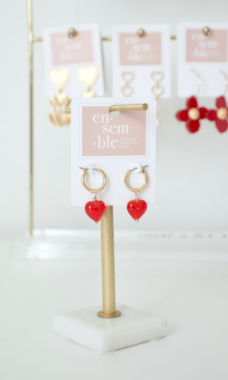 red heart glass huggie earrings