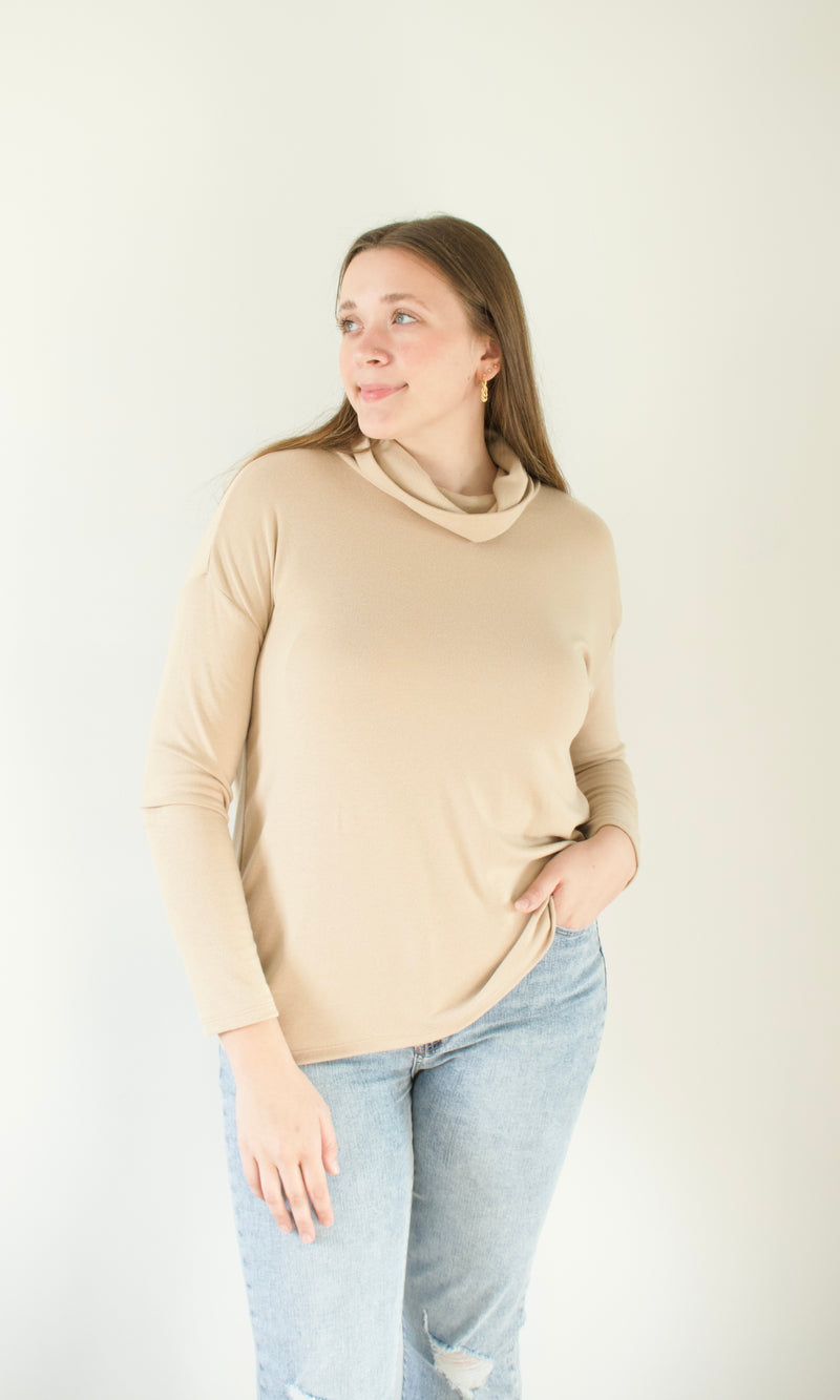Taupe Mock Neck Long Sleeve Top