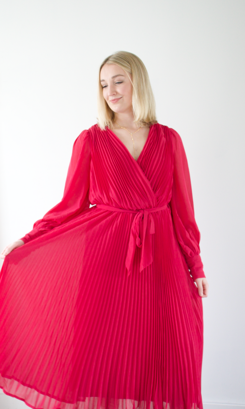 Magenta Solid Woven Midi Dress