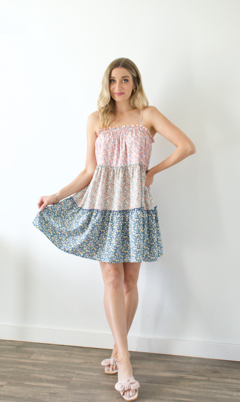 Floral Colorblock Tiered Dress