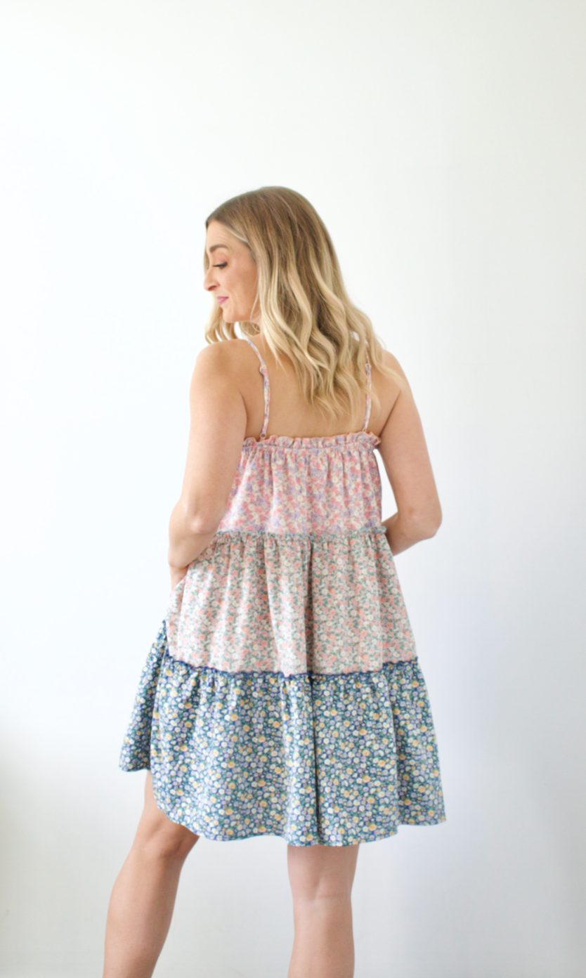 Floral Colorblock Tiered Dress