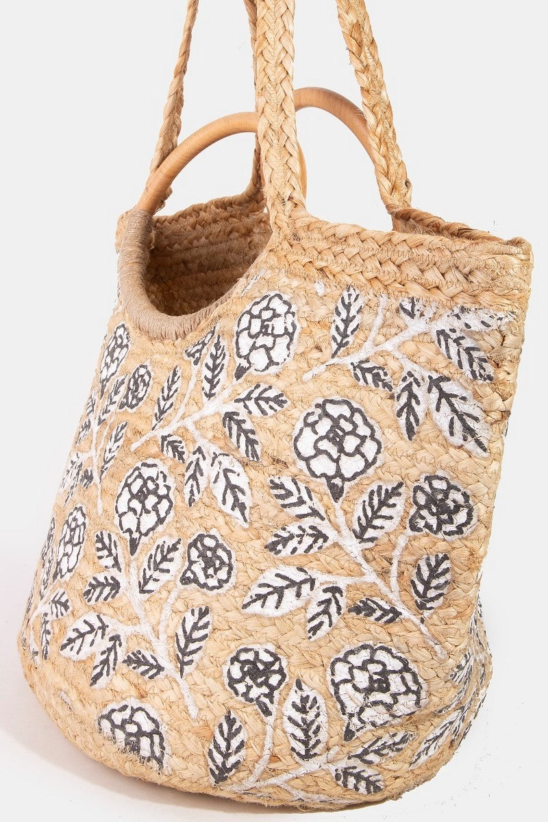 rose painted jute tote bag